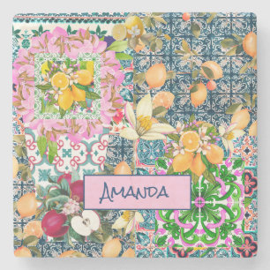 Chic blue pink sicilian citrus floral tiles stone coaster