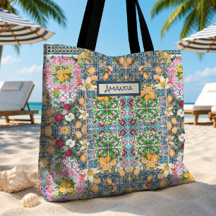 Chic Blue Pink Sicilian Citrus Floral Tiles Tote Bag