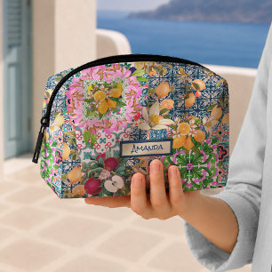Chic Blue Pink Sicilian Floral Citrus Tiles Dopp Kit