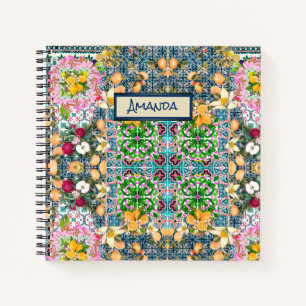 Chic Blue Pink Sicilian Tile Citrus Floral Notebook