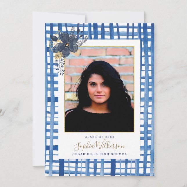 Chic Blue Plaid and Flowers Graduation Photo Announcement (Front)