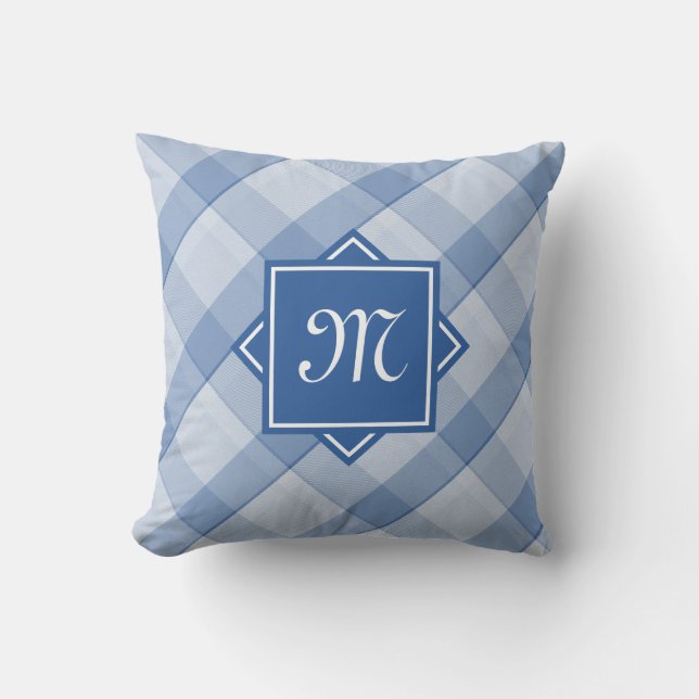 Chic Blue Plaid With Modern Diagonal Monogram Cushion (Front)