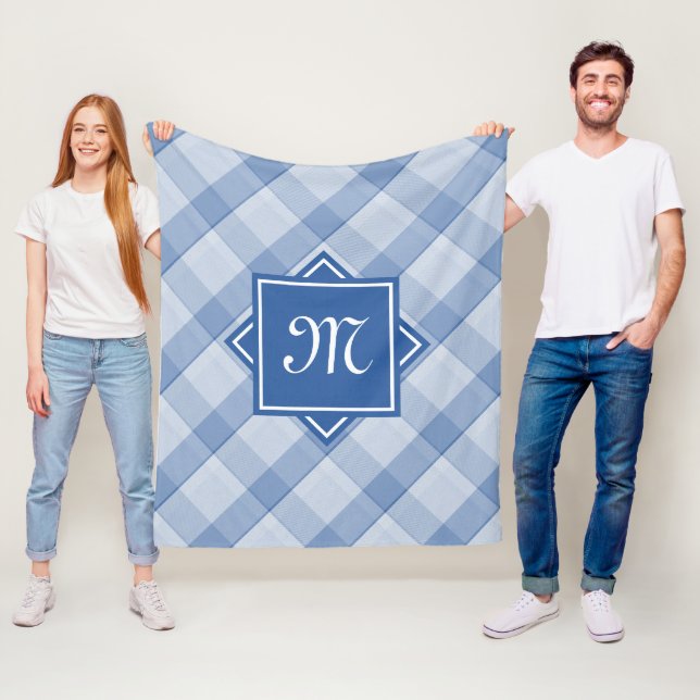 Chic Blue Plaid With Modern Diagonal Monogram Fleece Blanket (In Situ)