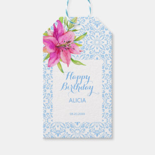 Chic Blue Portuguese Azulejo Mosaic Lily Birthday Gift Tags