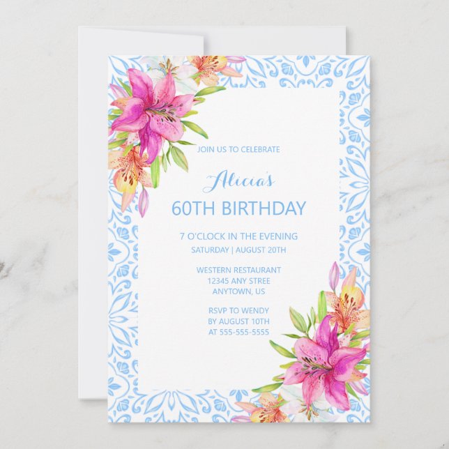 Chic Blue Portuguese Azulejo Mosaic Lily Birthday Invitation (Front)