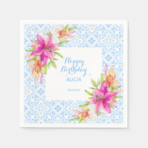 Chic Blue Portuguese Azulejo Mosaic Lily Birthday Napkin