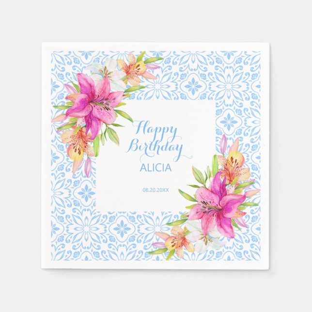 Chic Blue Portuguese Azulejo Mosaic Lily Birthday Napkin (Front)