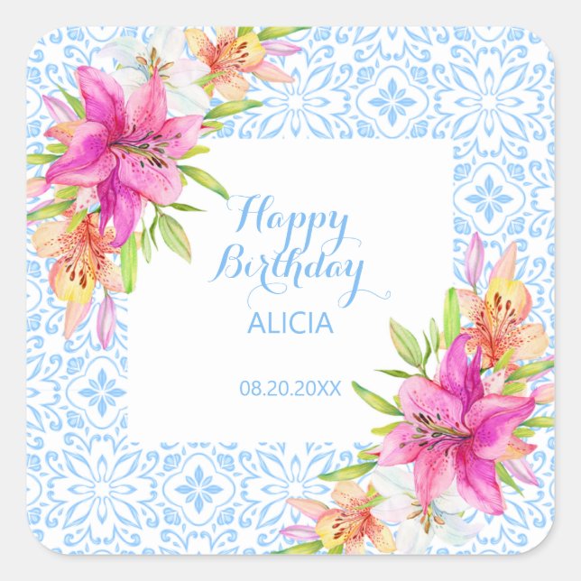 Chic Blue Portuguese Azulejo Mosaic Lily Birthday Square Sticker (Front)