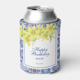 Chic Blue Portuguese Azulejo Yellow Lily  Can Cooler