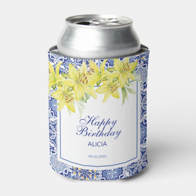 Chic Blue Portuguese Azulejo Yellow Lily  Can Cooler (Can Front)