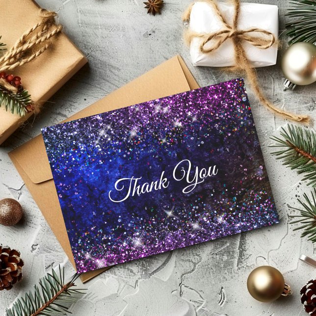 Chic blue purple faux glitter  thank you card (Creator Uploaded)