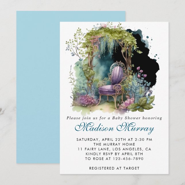 Chic Blue & Purple Floral Garden Chair Baby Shower Invitation (Front/Back)