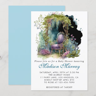 Chic Blue & Purple Floral Garden Chair Baby Shower Invitation