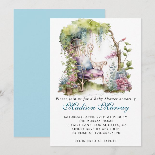 Chic Blue & Purple Floral Garden Chair Baby Shower Invitation (Front/Back)