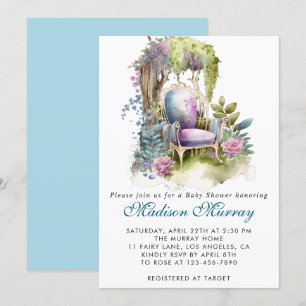 Chic Blue & Purple Floral Garden Chair Baby Shower Invitation