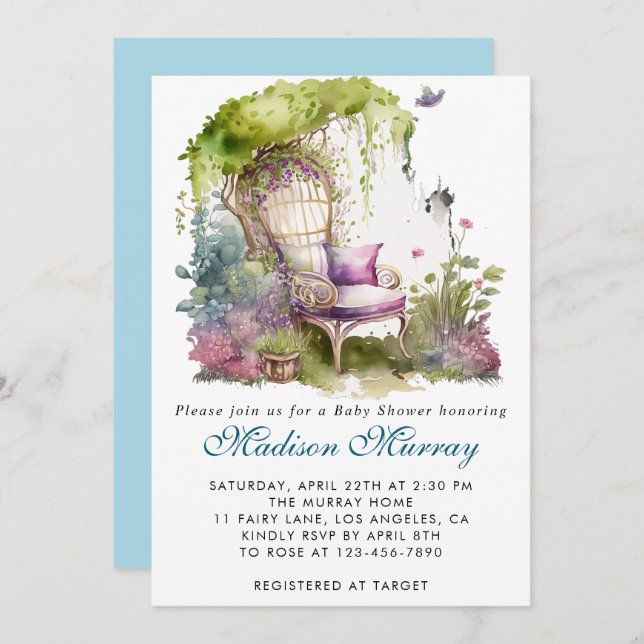 Chic Blue & Purple Floral Garden Chair Baby Shower Invitation (Front/Back)