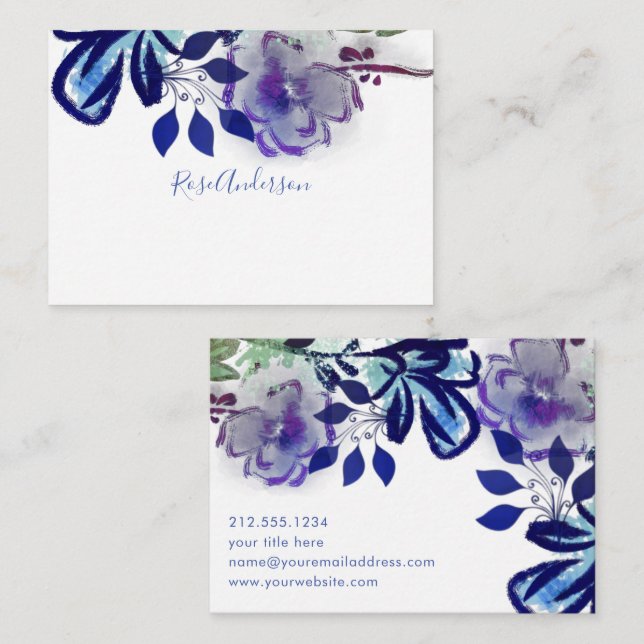 Chic Blue Purple Floral Typography Card (Front/Back)