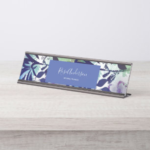 Chic Blue Purple Floral Typography Desk Name Plate