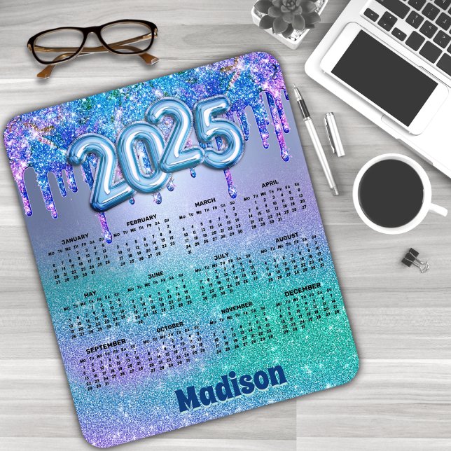 Chic blue purple glitter drips 2025 calendar  mouse mat (Creator Uploaded)