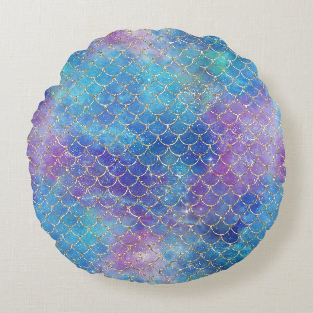 Chic Blue Purple Mermaid Scales Round Cushion (Front)