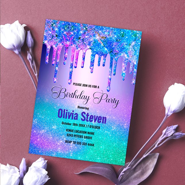 Chic blue purple ombre dripping glitter monogram invitation (Creator Uploaded)