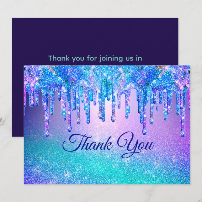 Chic blue purple ombre dripping glitter thank you card (Front/Back)