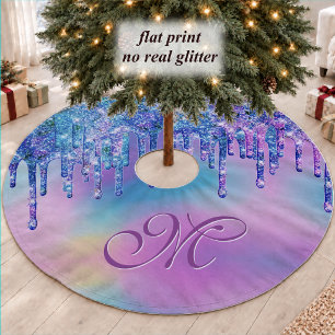Chic Blue Purple Ombre Glitter Drip Monogram Brushed Polyester Tree Skirt