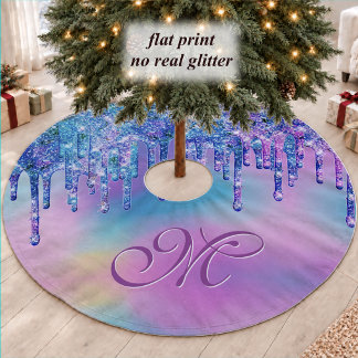 Chic Blue Purple Ombre Glitter Drip Monogram Brushed Polyester Tree Skirt