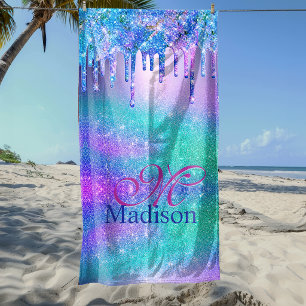 Chic blue purple ombre glitter drips monogram beach towel