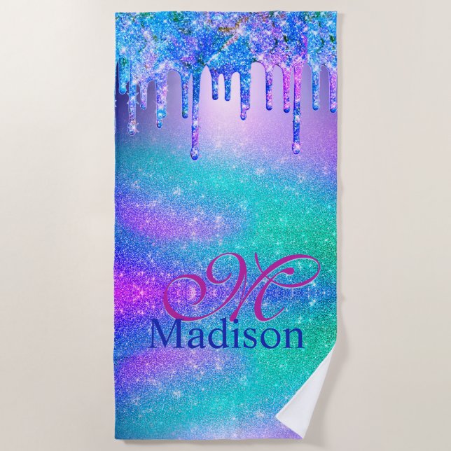 Chic blue purple ombre glitter drips monogram beach towel (Front)
