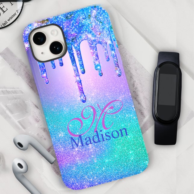 Chic blue purple ombre glitter drips monogram Case-Mate iPhone case (Creator Uploaded)