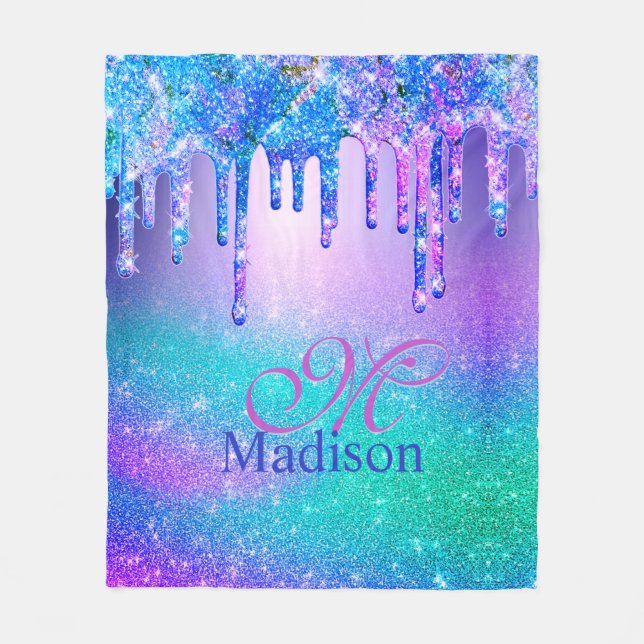 Chic blue purple ombre glitter drips monogram fleece blanket (Front)