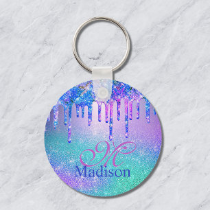 Chic blue purple ombre glitter drips monogram key ring