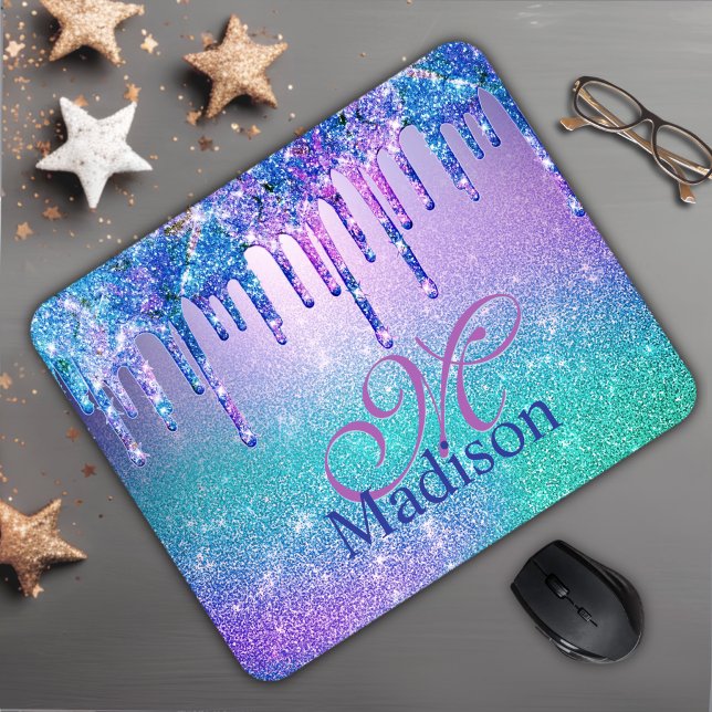 Chic blue purple ombre glitter drips monogram mouse mat (Creator Uploaded)
