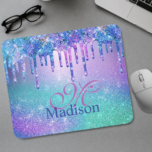 Chic blue purple ombre glitter drips monogram mouse mat