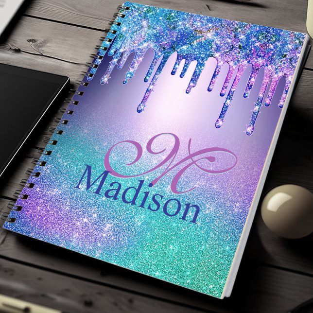 Chic blue purple ombre glitter drips monogram notebook (Creator Uploaded)