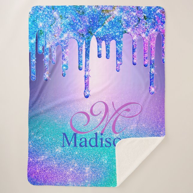 Chic blue purple ombre glitter drips monogram sherpa blanket (Front)