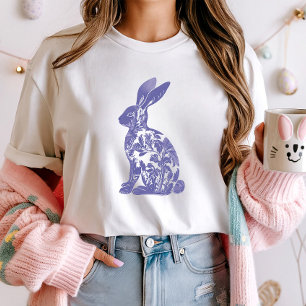 Chic Blue Rabbit Silhouette Tee; Floral Bunny T-Shirt