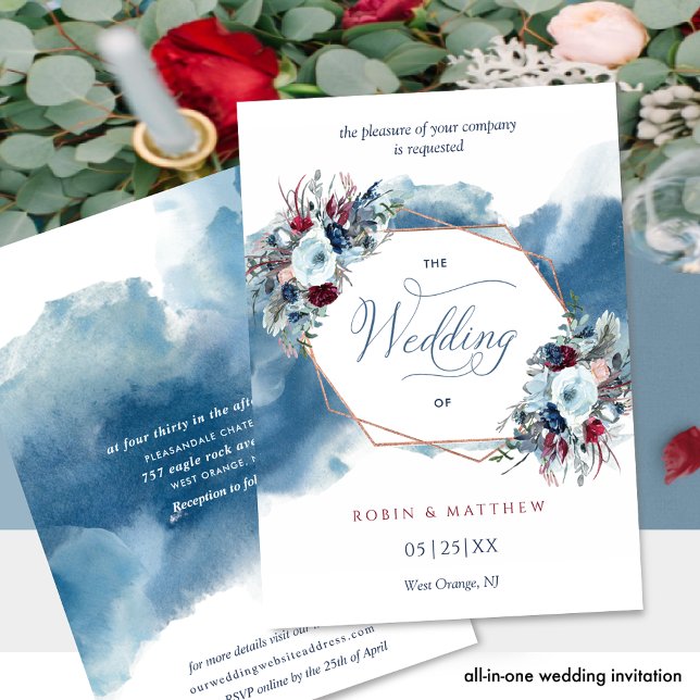 Chic Blue Red Burgundy Floral Watercolor Wedding Invitation (Creator Uploaded)