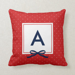 Chic Blue Ribbon Red Polka Dot Pattern Monogram Cushion