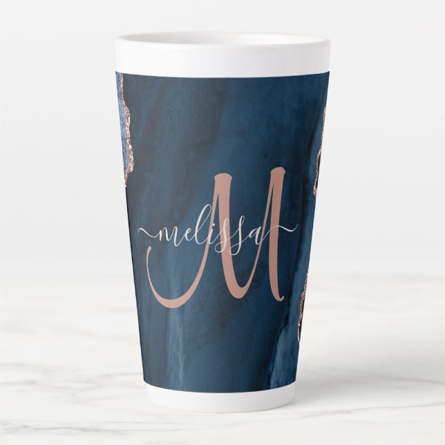 Chic Blue Rose Gold Agate Custom Script Monogram Latte Mug (Front)
