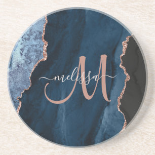 Chic Blue Rose Gold Agate Script Monogram Custom Coaster