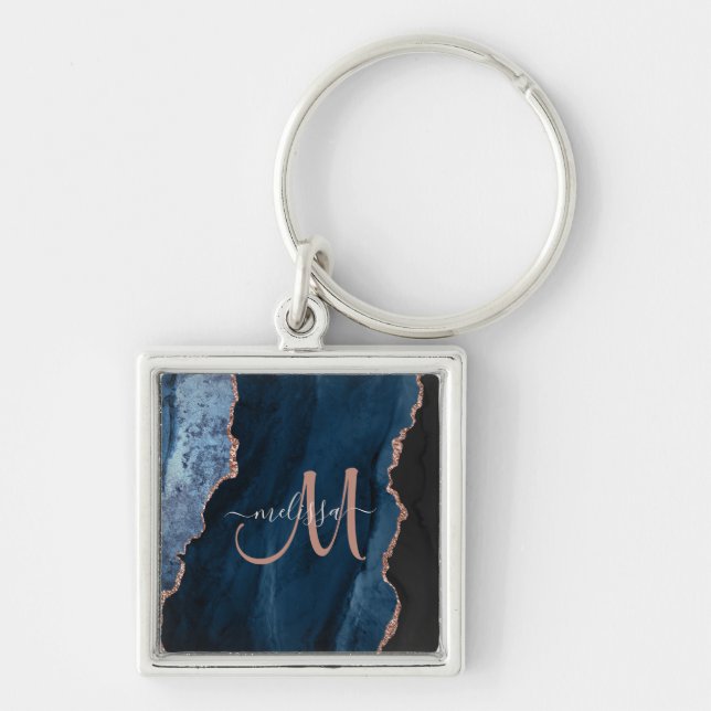 Chic Blue Rose Gold Agate Script Monogram Custom Key Ring (Front)