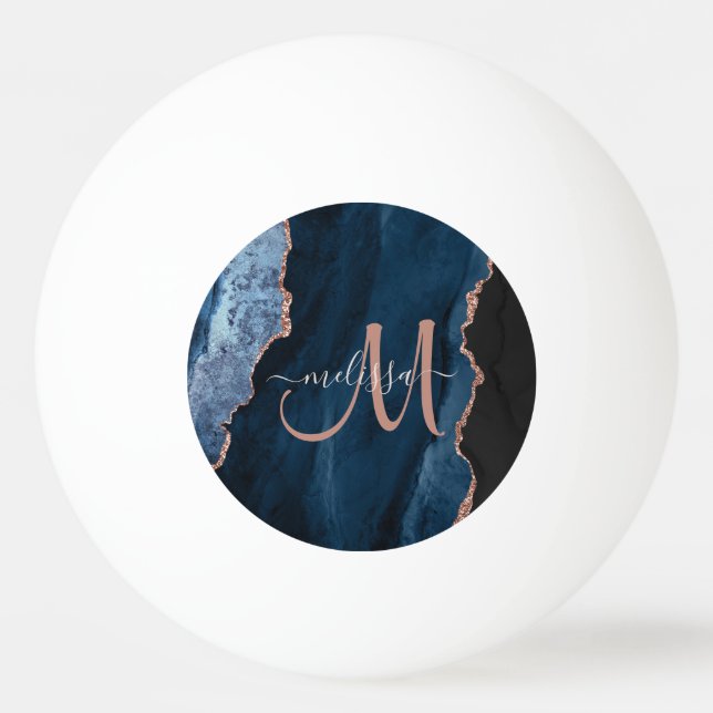 Chic Blue Rose Gold Agate Script Monogram Custom Ping Pong Ball (Front)