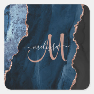 Chic Blue Rose Gold Agate Script Monogram Custom Square Sticker