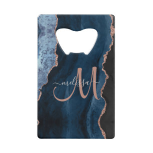 Chic Blue Rose Gold Glitter Agate Custom Monogram