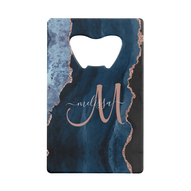 Chic Blue Rose Gold Glitter Agate Custom Monogram (Front)