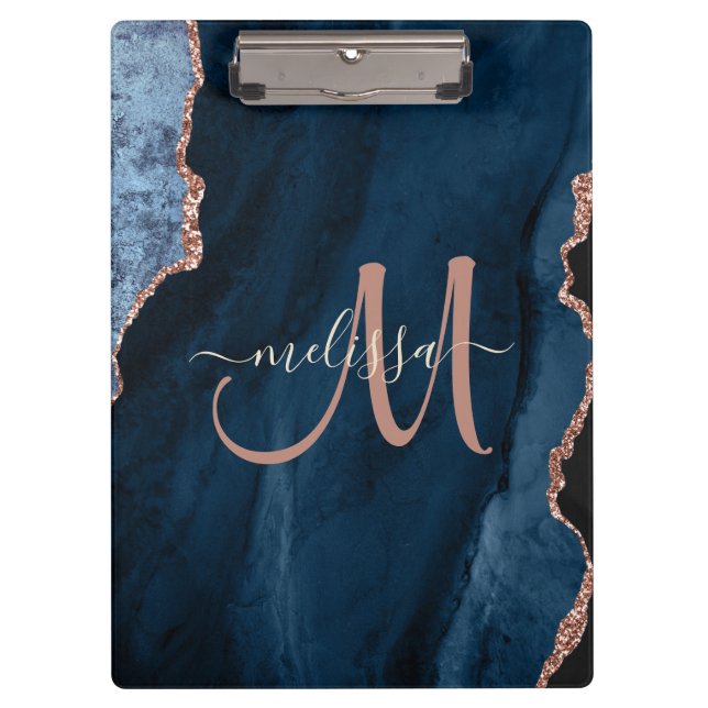 Chic Blue Rose Gold Glitter Agate Custom Monogram Clipboard (Front)