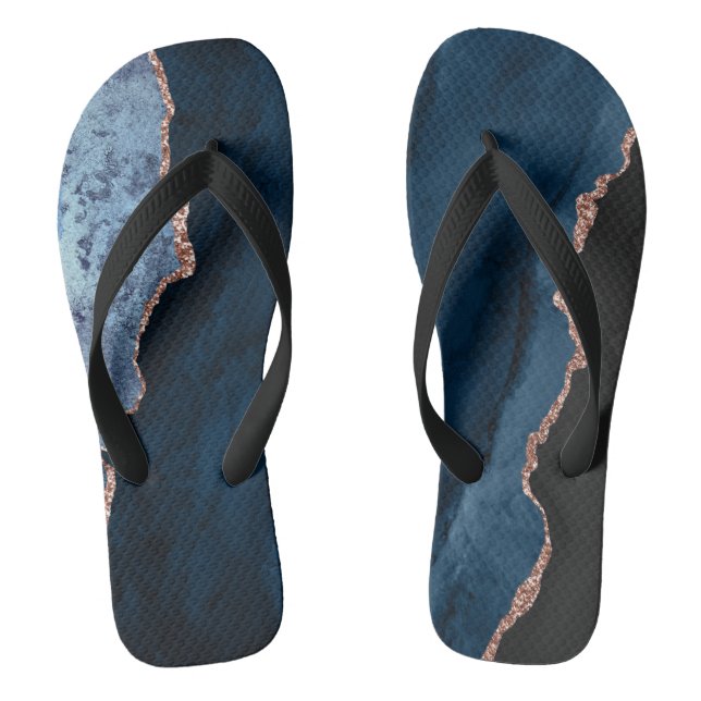 Chic Blue Rose Gold Glitter Agate Custom Monogram Flip Flops (Footbed)