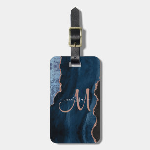 Chic Blue Rose Gold Glitter Agate Custom Monogram Luggage Tag